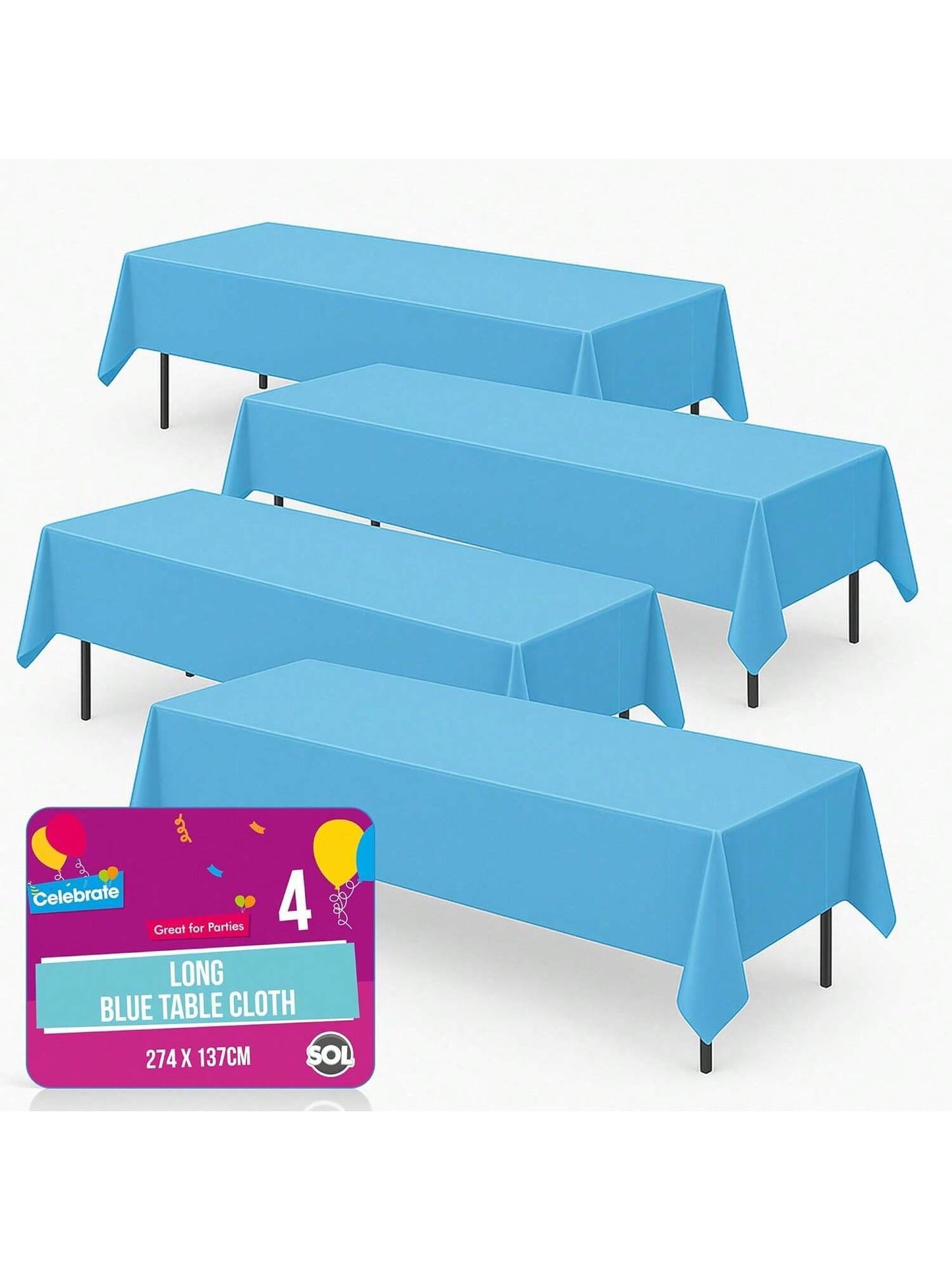 SOL 4pk Long Blue Table Cloth Party 274x137cm Plastic Cover Disposable Tablecloths For Parties - Spill Protection - Great For Weddings, Buffets, Catering, Restaurants, Outdoor Events & Celebrations