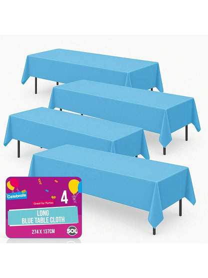 SOL 4pk Long Blue Table Cloth Party 274x137cm Plastic Cover Disposable Tablecloths For Parties - Spill Protection - Great For Weddings, Buffets, Catering, Restaurants, Outdoor Events & Celebrations