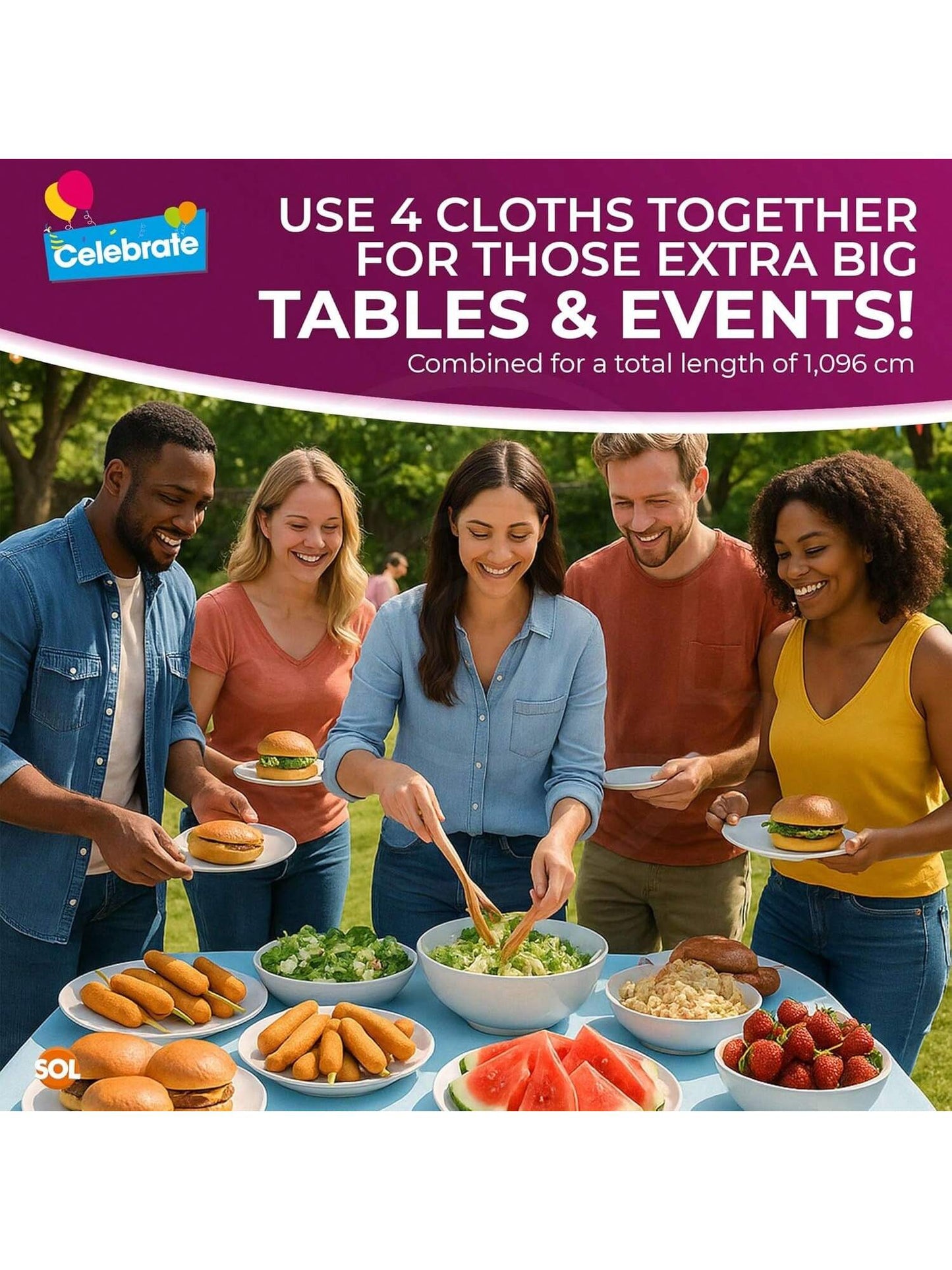 SOL 4pk Long Blue Table Cloth Party 274x137cm Plastic Cover Disposable Tablecloths For Parties - Spill Protection - Great For Weddings, Buffets, Catering, Restaurants, Outdoor Events & Celebrations