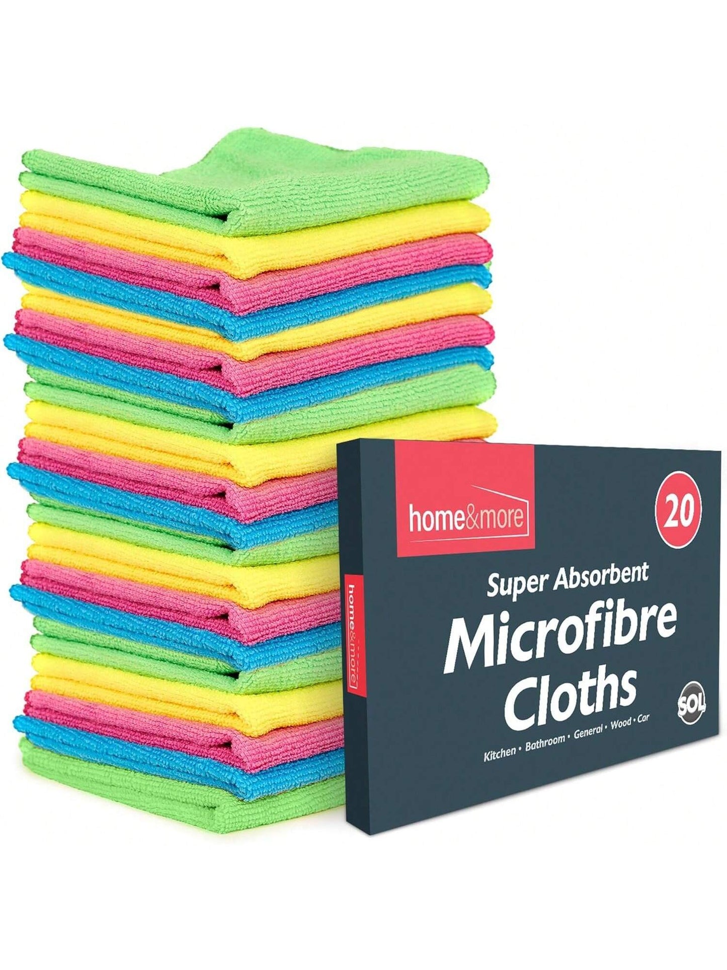 SOL 20pk Microfibre Cloths For Cleaning, 28x28cm Lint-Free Cleaning Cloths, Reusable, Quick-Drying, Perfect For Windows, Kitchens, Cars, Bathrooms & Professional Cleaning Tasks