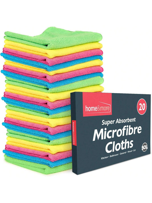 SOL 20pk Microfibre Cloths For Cleaning, 28x28cm Lint-Free Cleaning Cloths, Reusable, Quick-Drying, Perfect For Windows, Kitchens, Cars, Bathrooms & Professional Cleaning Tasks