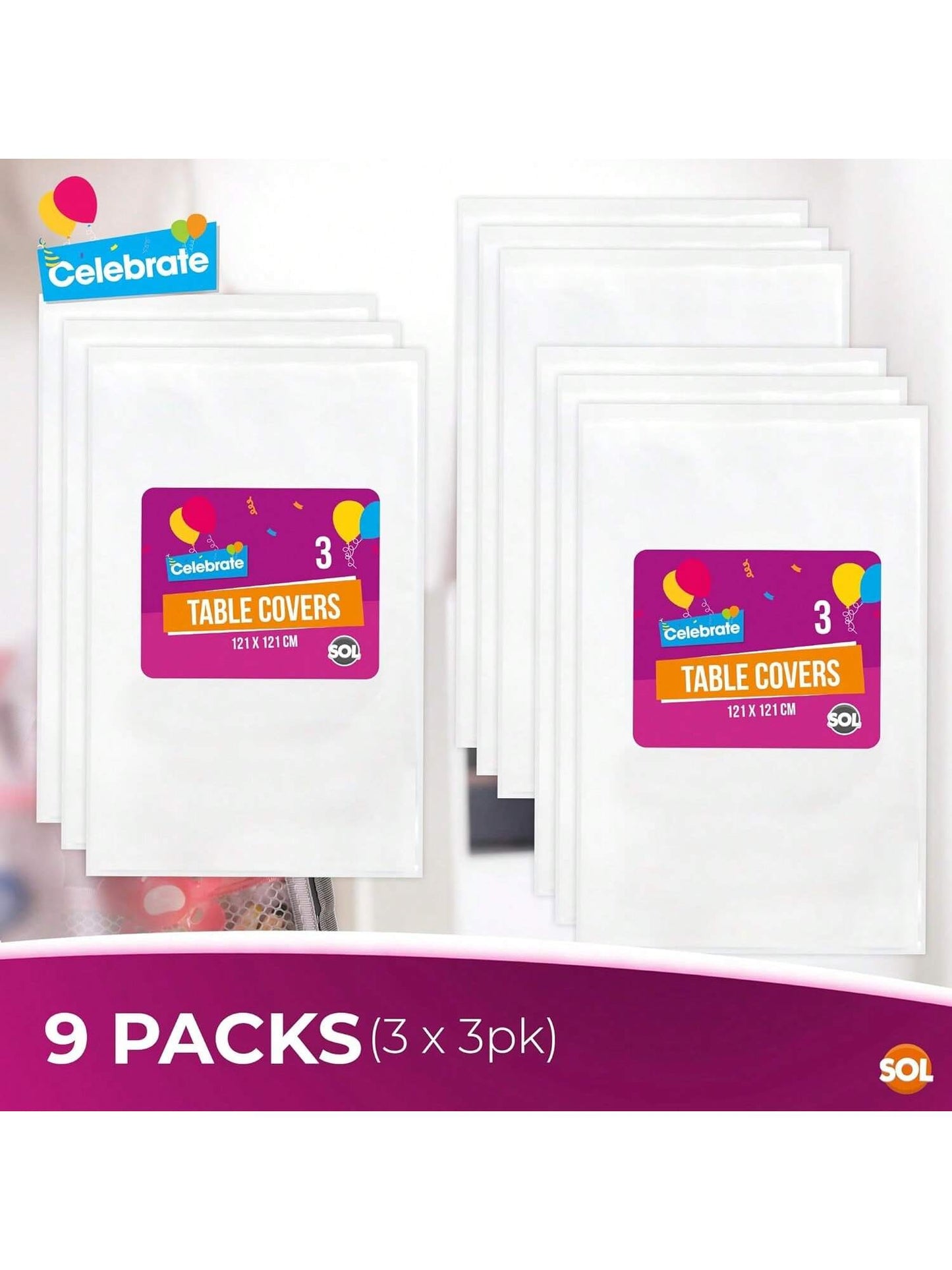 SOL 9pk White Table Cloth Party 121x121cm Plastic Cover Tablecloth Disposable For Parties - Heavy Duty Spill Protection - Opaque Design For Weddings, Buffets, Catering, Gender Reveals & Events