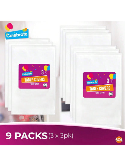 SOL 9pk White Table Cloth Party 121x121cm Plastic Cover Tablecloth Disposable For Parties - Heavy Duty Spill Protection - Opaque Design For Weddings, Buffets, Catering, Gender Reveals & Events