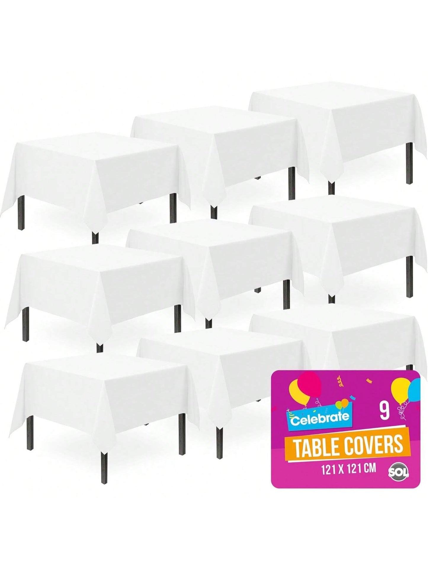 SOL 9pk White Table Cloth Party 121x121cm Plastic Cover Tablecloth Disposable For Parties - Heavy Duty Spill Protection - Opaque Design For Weddings, Buffets, Catering, Gender Reveals & Events