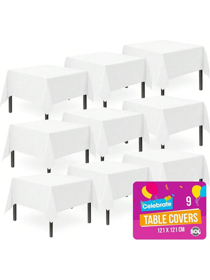 SOL 9pk White Table Cloth Party 121x121cm Plastic Cover Tablecloth Disposable For Parties - Heavy Duty Spill Protection - Opaque Design For Weddings, Buffets, Catering, Gender Reveals & Events