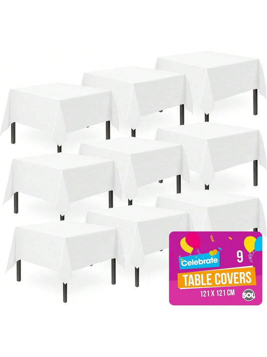 SOL 9pk White Table Cloth Party 121x121cm Plastic Cover Tablecloth Disposable For Parties - Heavy Duty Spill Protection - Opaque Design For Weddings, Buffets, Catering, Gender Reveals & Events