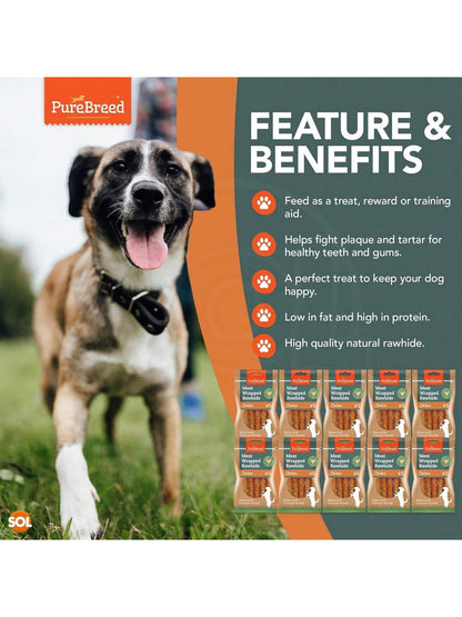 SOL 50pk Meaty Twist Wrap Delicious Dog Treats, Twist Rawhide Sticks In Savoury Chicken Flavour, Puppy Chews For Reward & Training, Low Fat, High Protein Dog Chew Sticks Convenient For Travel & Walks