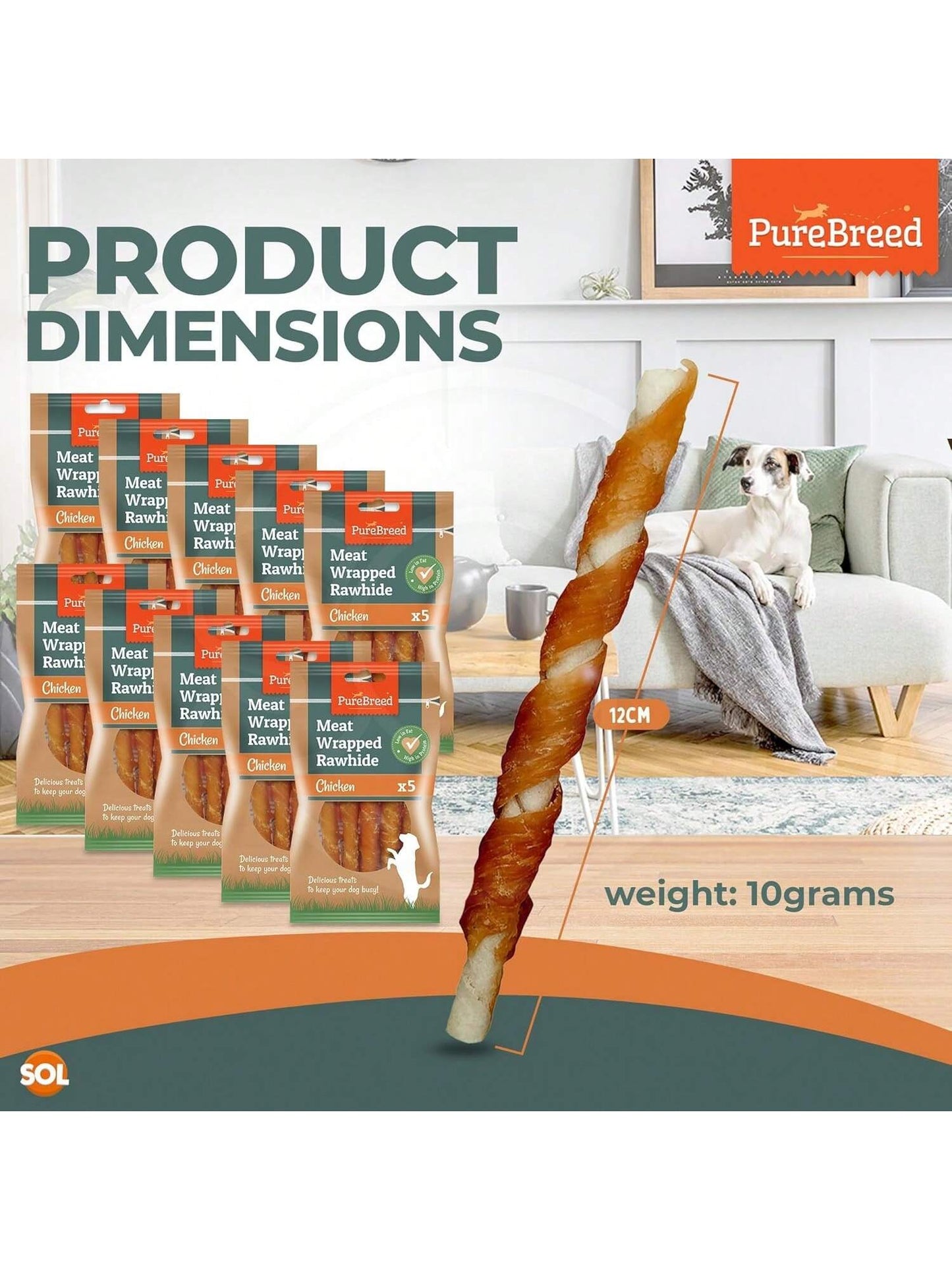 SOL 50pk Meaty Twist Wrap Delicious Dog Treats, Twist Rawhide Sticks In Savoury Chicken Flavour, Puppy Chews For Reward & Training, Low Fat, High Protein Dog Chew Sticks Convenient For Travel & Walks