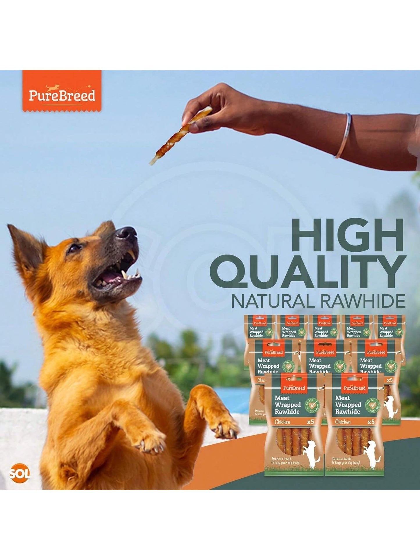 SOL 50pk Meaty Twist Wrap Delicious Dog Treats, Twist Rawhide Sticks In Savoury Chicken Flavour, Puppy Chews For Reward & Training, Low Fat, High Protein Dog Chew Sticks Convenient For Travel & Walks