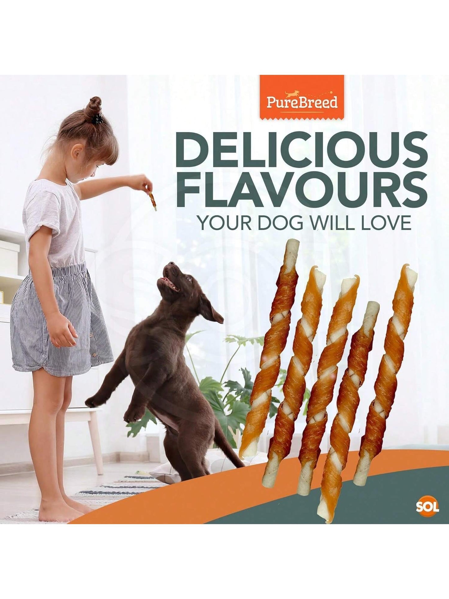 SOL 50pk Meaty Twist Wrap Delicious Dog Treats, Twist Rawhide Sticks In Savoury Chicken Flavour, Puppy Chews For Reward & Training, Low Fat, High Protein Dog Chew Sticks Convenient For Travel & Walks