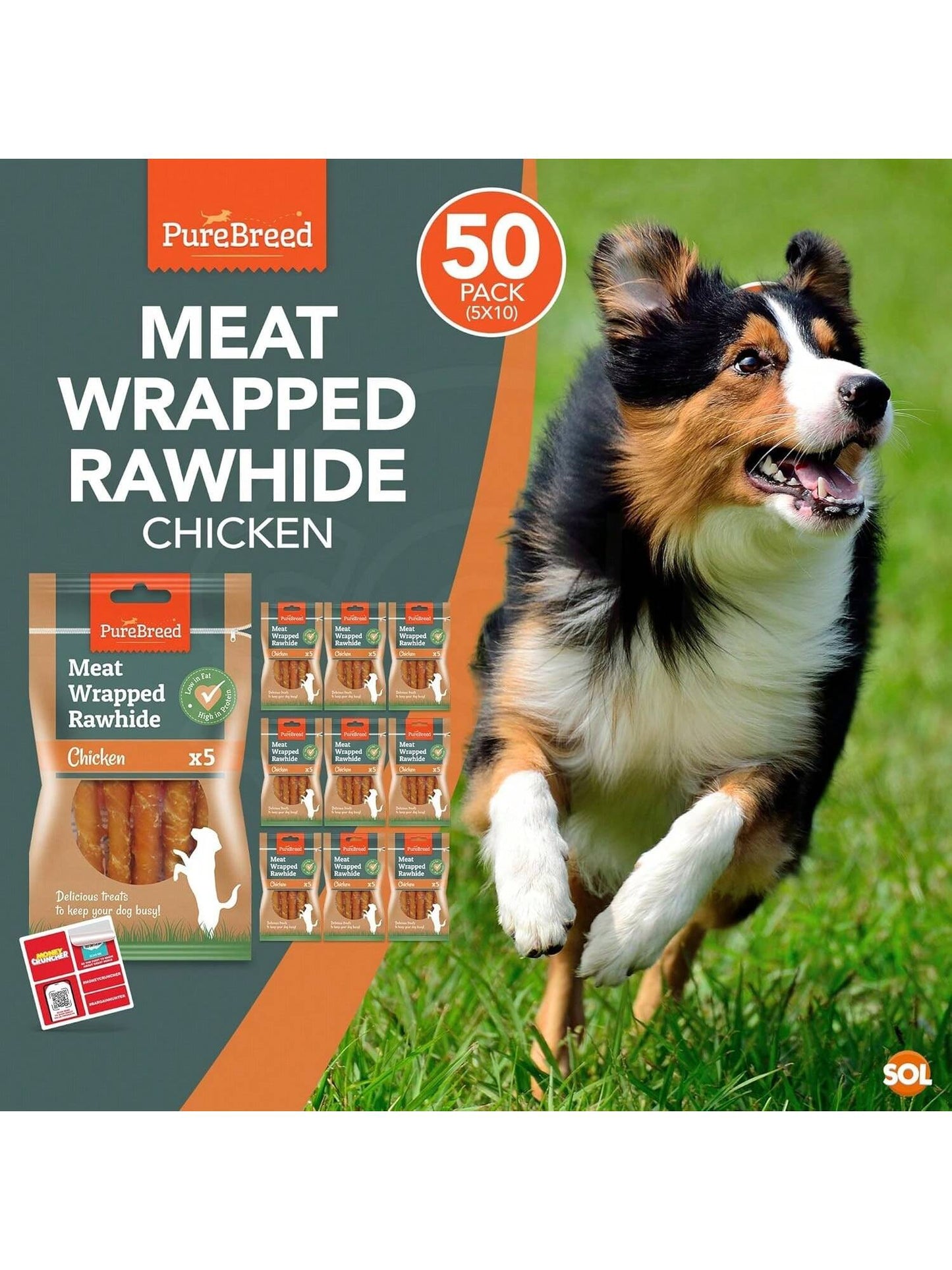 SOL 50pk Meaty Twist Wrap Delicious Dog Treats, Twist Rawhide Sticks In Savoury Chicken Flavour, Puppy Chews For Reward & Training, Low Fat, High Protein Dog Chew Sticks Convenient For Travel & Walks