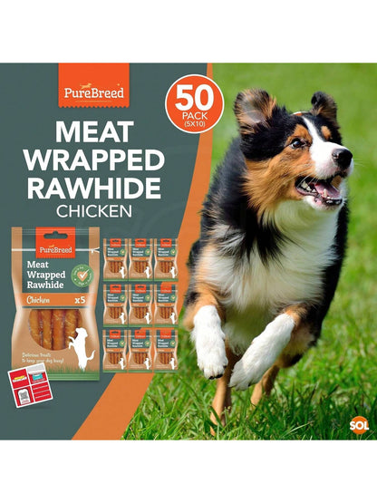 SOL 50pk Meaty Twist Wrap Delicious Dog Treats, Twist Rawhide Sticks In Savoury Chicken Flavour, Puppy Chews For Reward & Training, Low Fat, High Protein Dog Chew Sticks Convenient For Travel & Walks