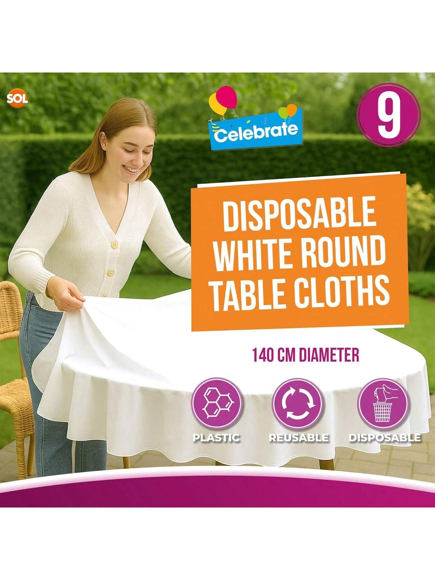 SOL 9pk White Round Table Cloth Disposable 140cm Party Tablecloths For Circular Table Cover - Durable Spill Protection - Perfect For Weddings, Buffets, Catering, Restaurants & Outdoor Events