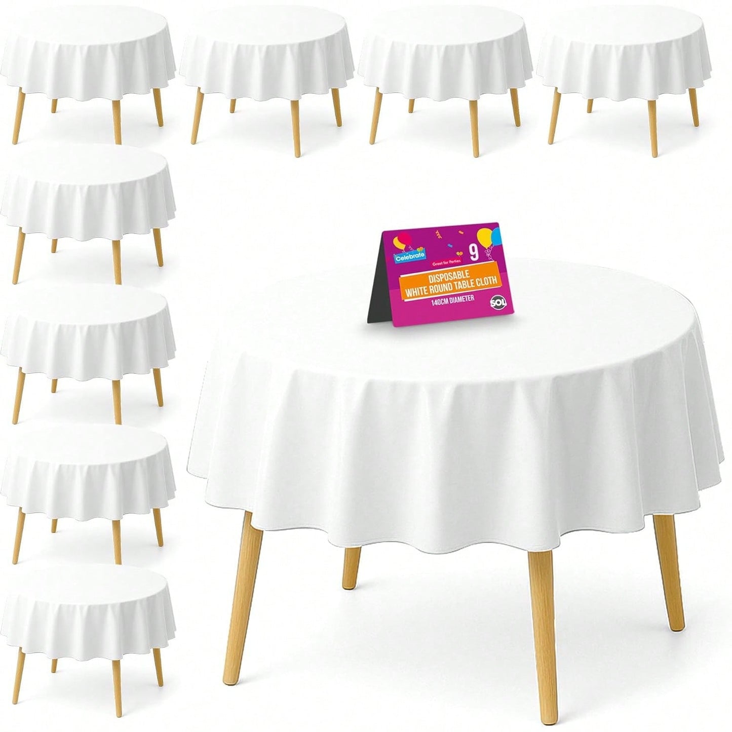 SOL 9pk White Round Table Cloth Disposable 140cm Party Tablecloths For Circular Table Cover - Durable Spill Protection - Perfect For Weddings, Buffets, Catering, Restaurants & Outdoor Events