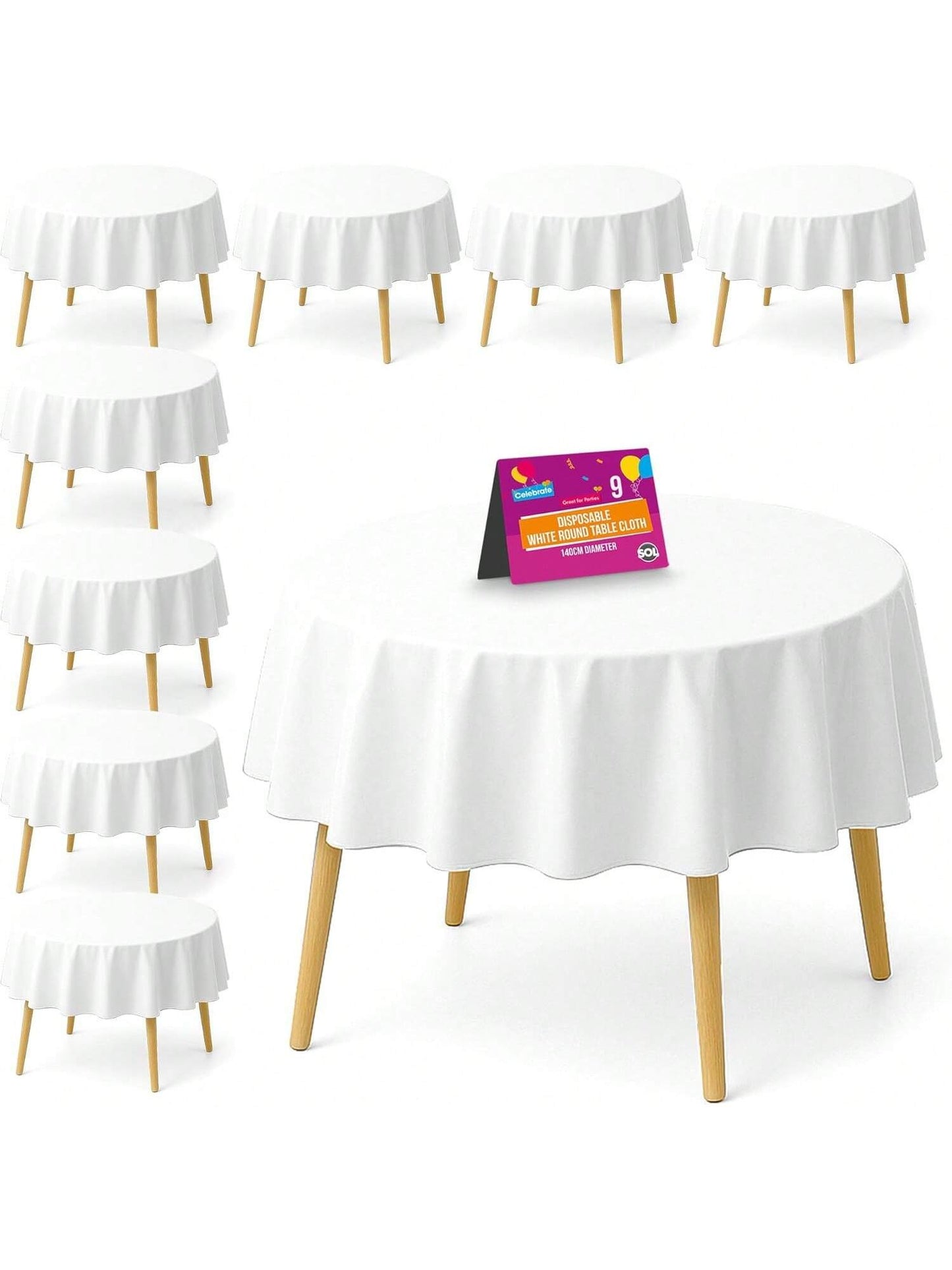 SOL 9pk White Round Table Cloth Disposable 140cm Party Tablecloths For Circular Table Cover - Durable Spill Protection - Perfect For Weddings, Buffets, Catering, Restaurants & Outdoor Events