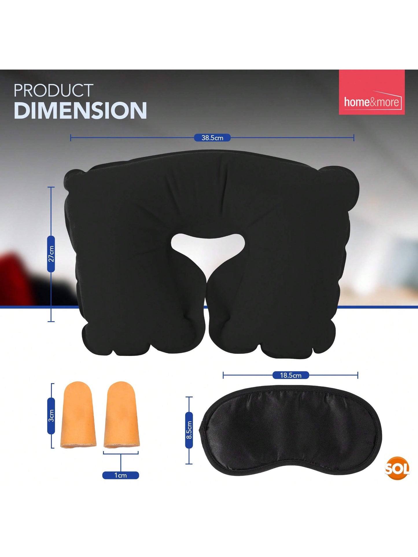 SOL 1pk Inflatable Neck Cushion - Travel Neck Pillow With Earplugs & Eyemask, Compact Inflatable Travel Pillow For Flights, Trains & Cars, Lightweight Travel Pillow Set For Comfort On The Go