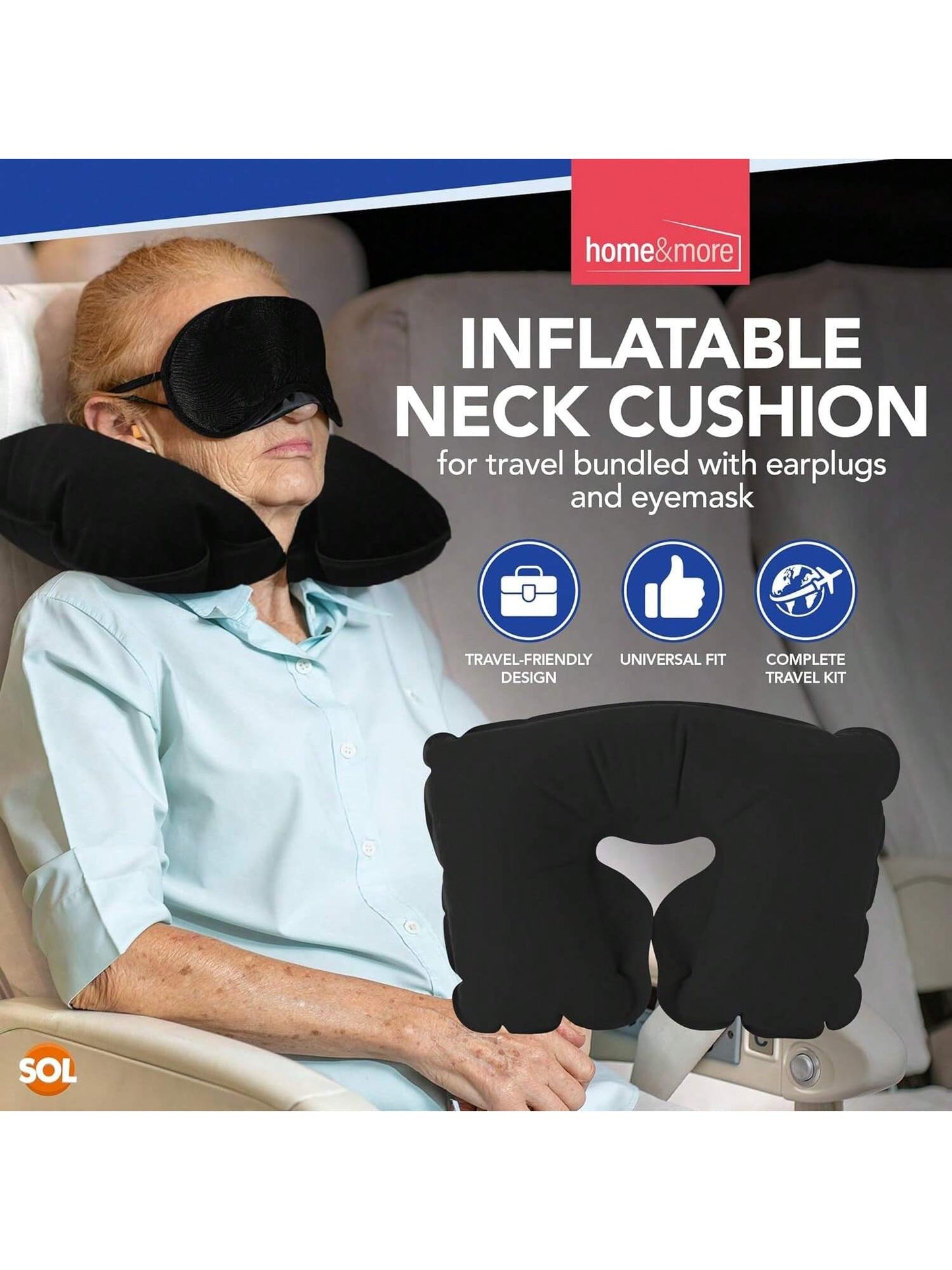 SOL 1pk Inflatable Neck Cushion - Travel Neck Pillow With Earplugs & Eyemask, Compact Inflatable Travel Pillow For Flights, Trains & Cars, Lightweight Travel Pillow Set For Comfort On The Go