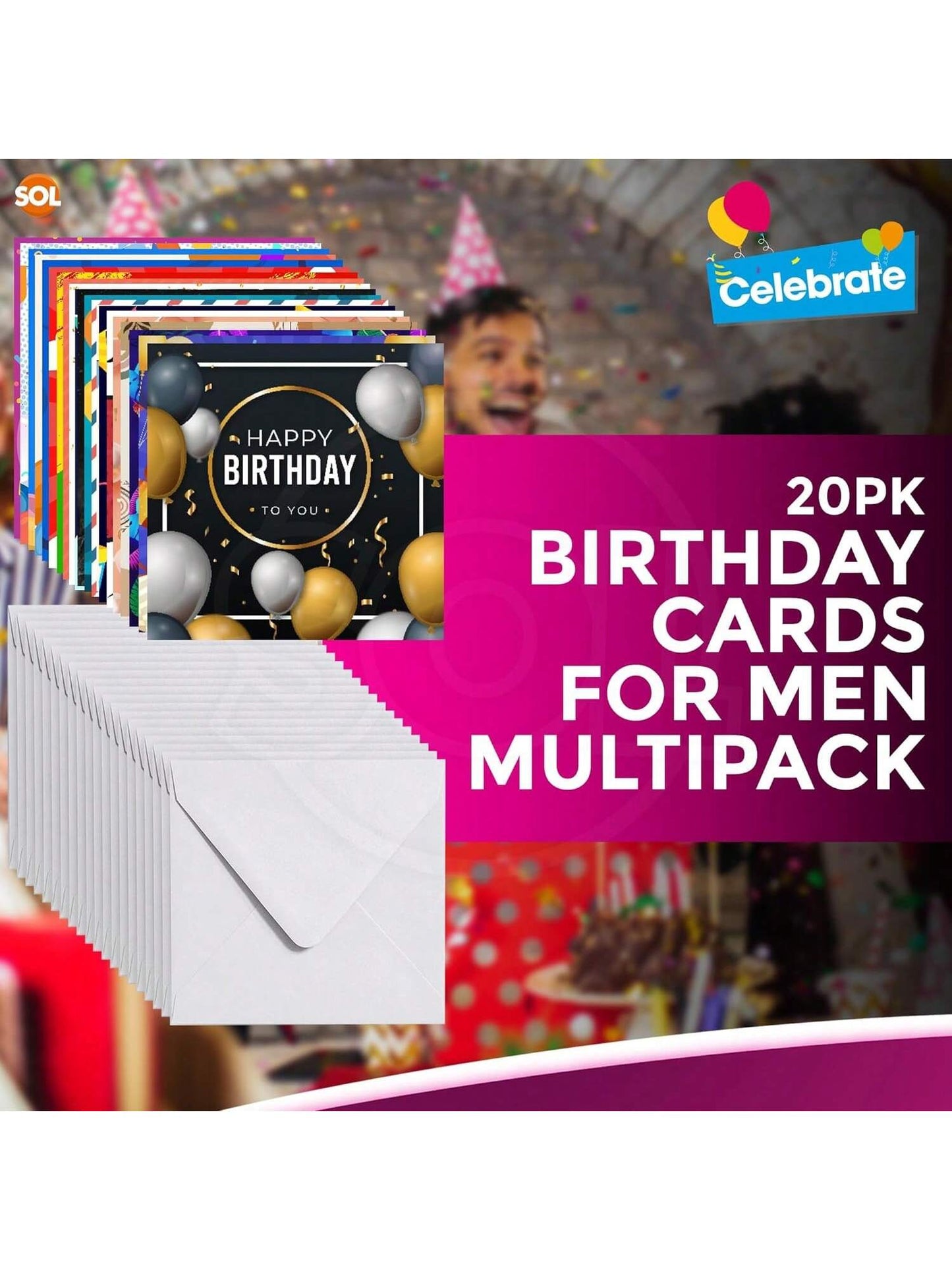 SOL 20pk Birthday Cards For Men Multipack & 20pcs Envelopes - 15x15cm Assorted Men Birthday Card - Thoughtful Messages, Durable, Elegant Designs, Perfect For Special Celebrations And Creating Memories