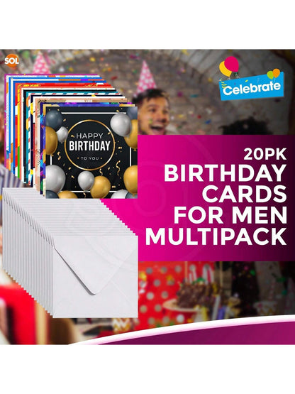 SOL 20pk Birthday Cards For Men Multipack & 20pcs Envelopes - 15x15cm Assorted Men Birthday Card - Thoughtful Messages, Durable, Elegant Designs, Perfect For Special Celebrations And Creating Memories