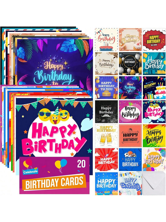 SOL 20pk Birthday Cards For Men Multipack & 20pcs Envelopes - 15x15cm Assorted Men Birthday Card - Thoughtful Messages, Durable, Elegant Designs, Perfect For Special Celebrations And Creating Memories