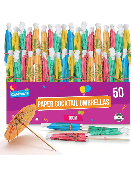 SOL 50pk Paper Cocktail Umbrellas - Assorted Colours For Drinks & Snacks - Durable Party Accessories For Hawaiian, Pool, Beach, Summer & Birthday Parties - Eye-Catching Designs For Drinks & Appetisers
