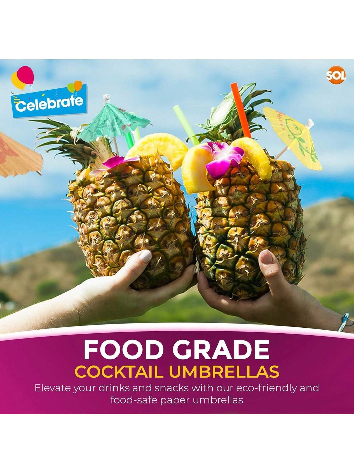SOL 50pk Paper Cocktail Umbrellas - Assorted Colours For Drinks & Snacks - Durable Party Accessories For Hawaiian, Pool, Beach, Summer & Birthday Parties - Eye-Catching Designs For Drinks & Appetisers