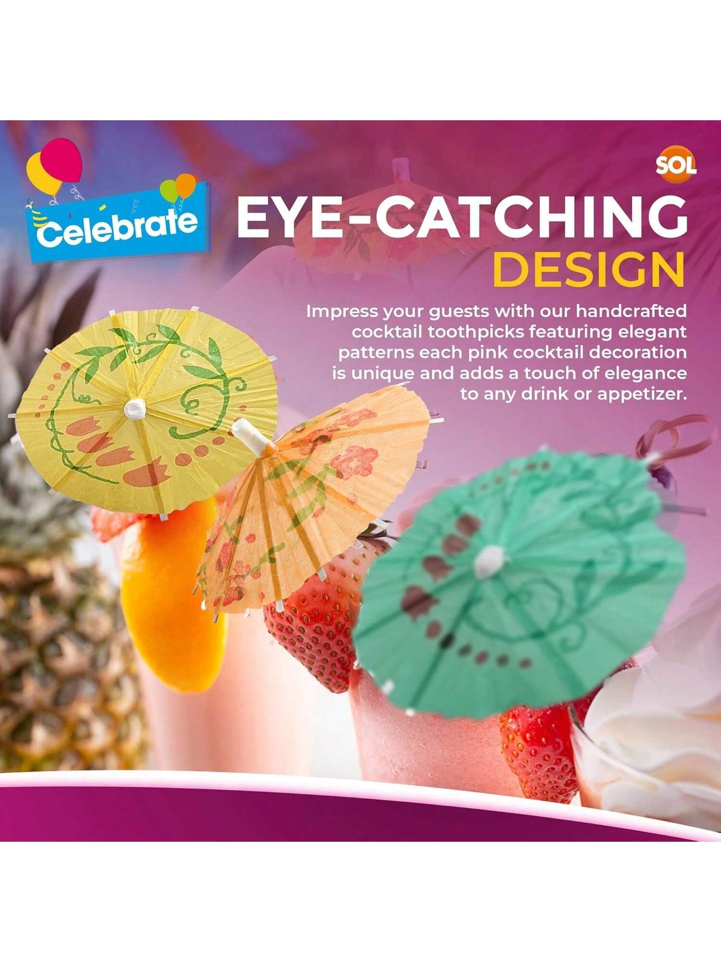 SOL 50pk Paper Cocktail Umbrellas - Assorted Colours For Drinks & Snacks - Durable Party Accessories For Hawaiian, Pool, Beach, Summer & Birthday Parties - Eye-Catching Designs For Drinks & Appetisers