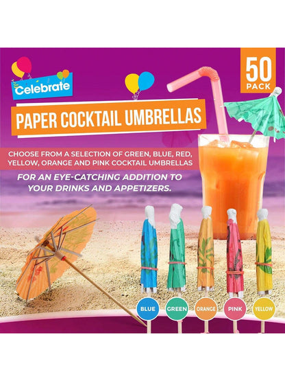 SOL 50pk Paper Cocktail Umbrellas - Assorted Colours For Drinks & Snacks - Durable Party Accessories For Hawaiian, Pool, Beach, Summer & Birthday Parties - Eye-Catching Designs For Drinks & Appetisers