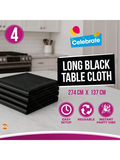SOL 4pk Long Black Table Cloth Party 274x137cm Plastic Cover Tablecloth Disposable For Parties - Heavy Duty Spill Protection - Opaque Rectangular Design - Multipurpose For Weddings, Catering & Buffets