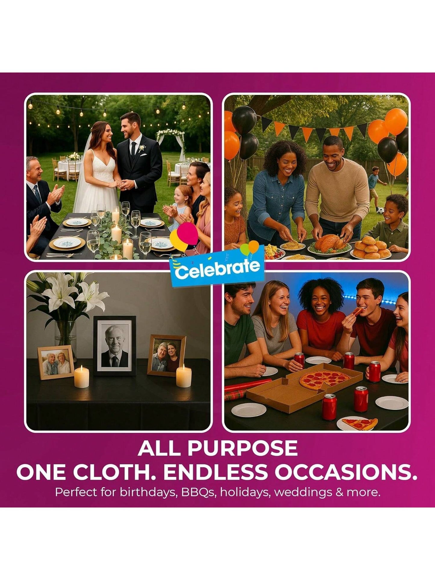 SOL 4pk Long Black Table Cloth Party 274x137cm Plastic Cover Tablecloth Disposable For Parties - Heavy Duty Spill Protection - Opaque Rectangular Design - Multipurpose For Weddings, Catering & Buffets