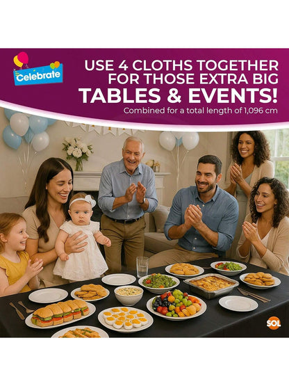 SOL 4pk Long Black Table Cloth Party 274x137cm Plastic Cover Tablecloth Disposable For Parties - Heavy Duty Spill Protection - Opaque Rectangular Design - Multipurpose For Weddings, Catering & Buffets