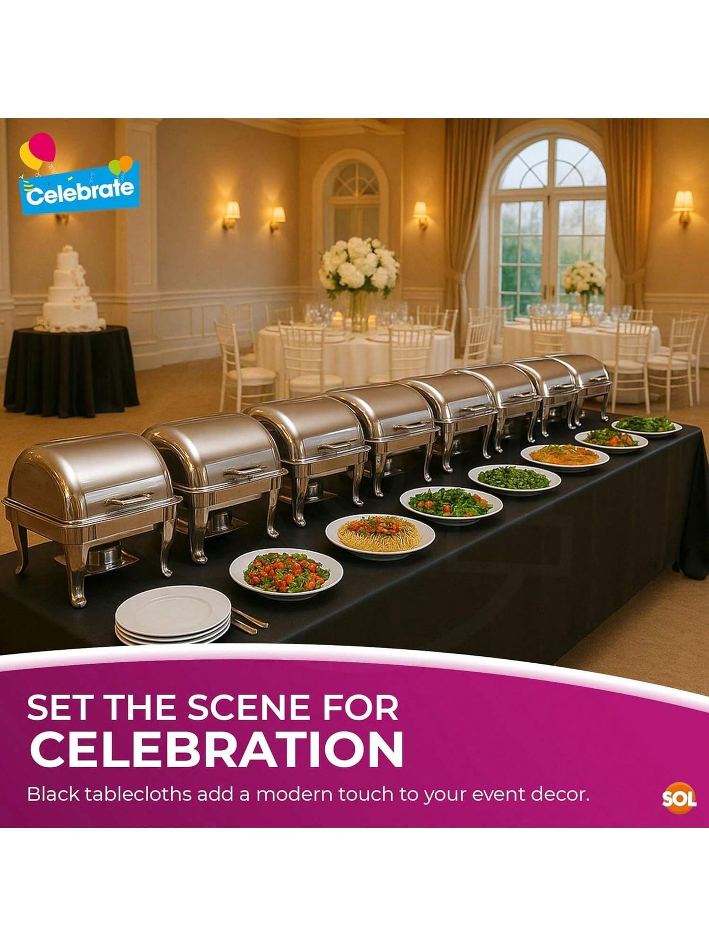 SOL 4pk Long Black Table Cloth Party 274x137cm Plastic Cover Tablecloth Disposable For Parties - Heavy Duty Spill Protection - Opaque Rectangular Design - Multipurpose For Weddings, Catering & Buffets