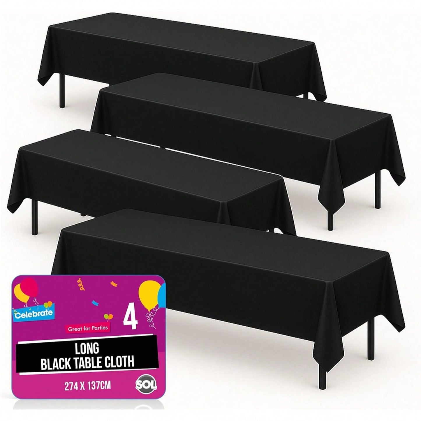 SOL 4pk Long Black Table Cloth Party 274x137cm Plastic Cover Tablecloth Disposable For Parties - Heavy Duty Spill Protection - Opaque Rectangular Design - Multipurpose For Weddings, Catering & Buffets