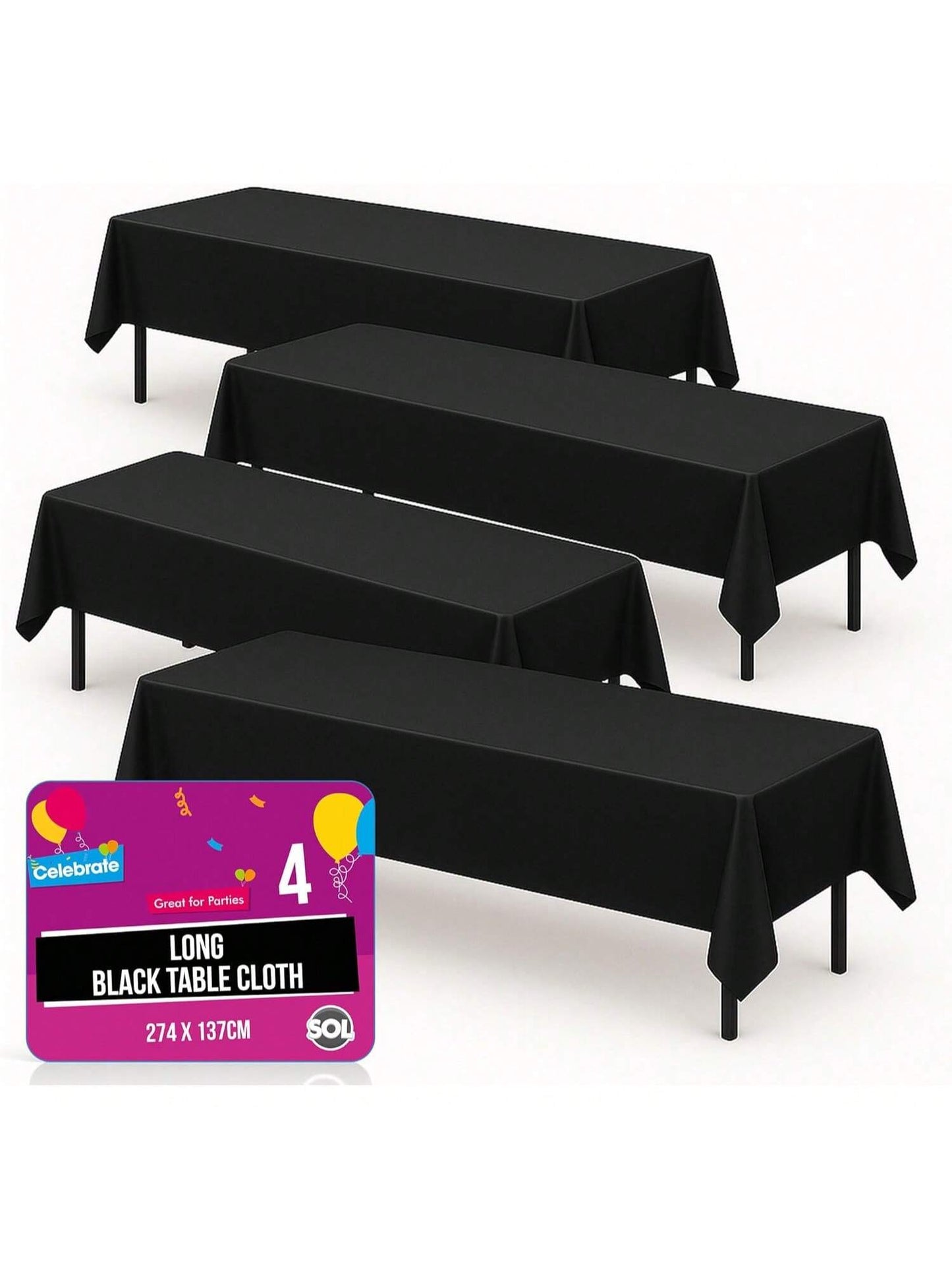 SOL 4pk Long Black Table Cloth Party 274x137cm Plastic Cover Tablecloth Disposable For Parties - Heavy Duty Spill Protection - Opaque Rectangular Design - Multipurpose For Weddings, Catering & Buffets