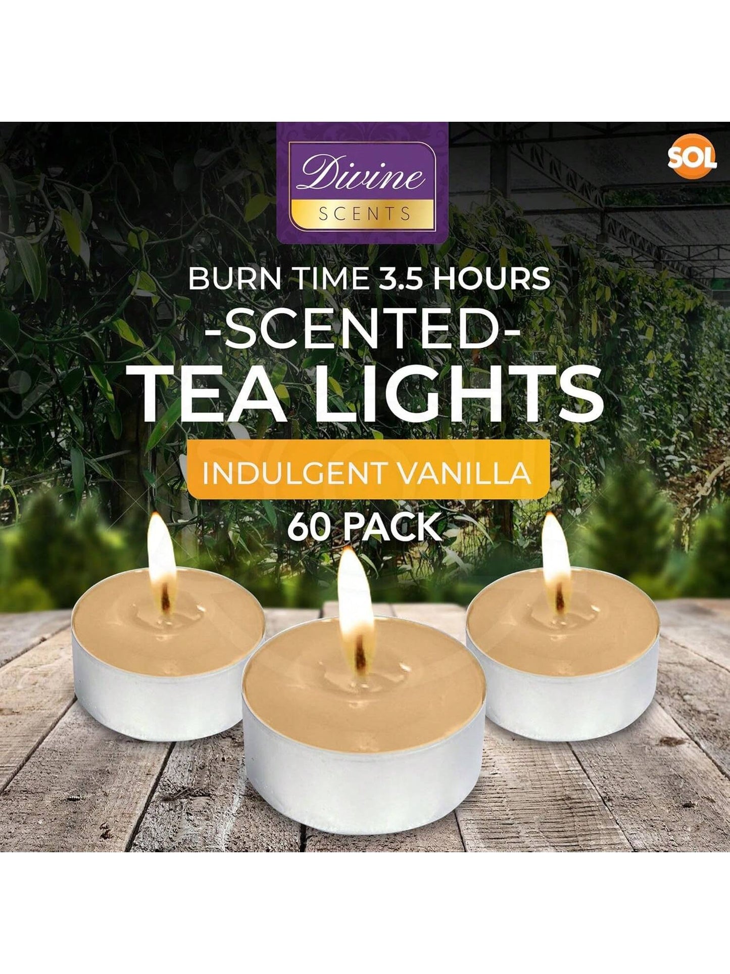 SOL 60pk Tea Light Candles Indulgent Vanilla – 3.5 Hour Burn Time, Scented Tea Lights Candles, Long-Lasting & Ideal Home Decor, Relaxation, Romantic Dinners, Weddings, Cosy Evenings & Special Occasion