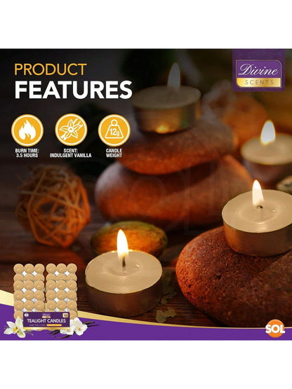 SOL 60pk Tea Light Candles Indulgent Vanilla – 3.5 Hour Burn Time, Scented Tea Lights Candles, Long-Lasting & Ideal Home Decor, Relaxation, Romantic Dinners, Weddings, Cosy Evenings & Special Occasion