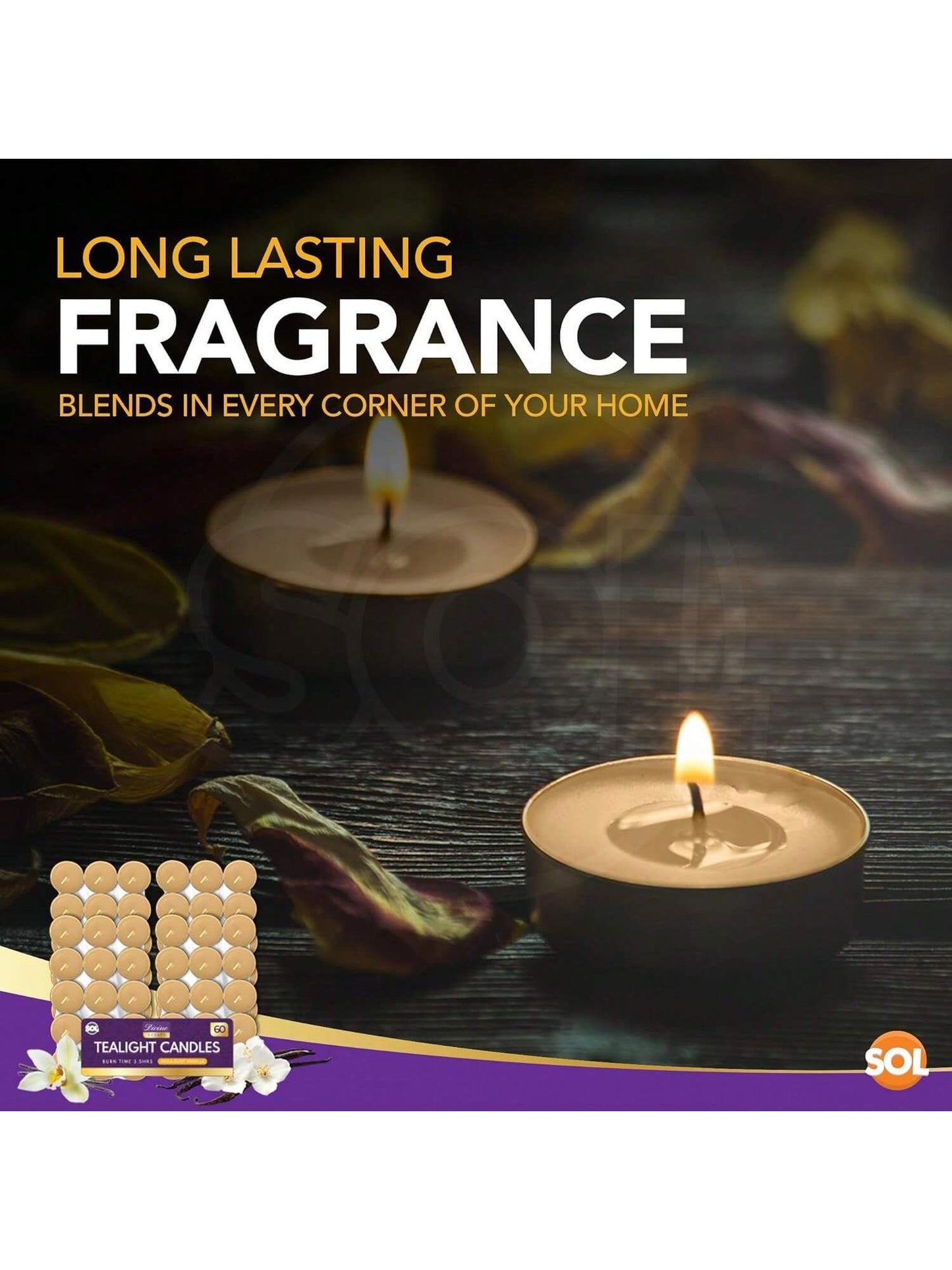 SOL 60pk Tea Light Candles Indulgent Vanilla – 3.5 Hour Burn Time, Scented Tea Lights Candles, Long-Lasting & Ideal Home Decor, Relaxation, Romantic Dinners, Weddings, Cosy Evenings & Special Occasion