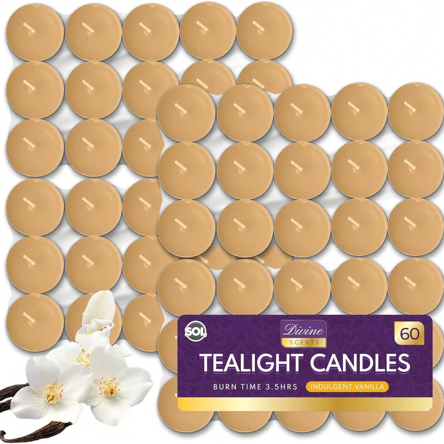 SOL 60pk Tea Light Candles Indulgent Vanilla – 3.5 Hour Burn Time, Scented Tea Lights Candles, Long-Lasting & Ideal Home Decor, Relaxation, Romantic Dinners, Weddings, Cosy Evenings & Special Occasion