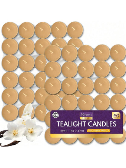 SOL 60pk Tea Light Candles Indulgent Vanilla – 3.5 Hour Burn Time, Scented Tea Lights Candles, Long-Lasting & Ideal Home Decor, Relaxation, Romantic Dinners, Weddings, Cosy Evenings & Special Occasion