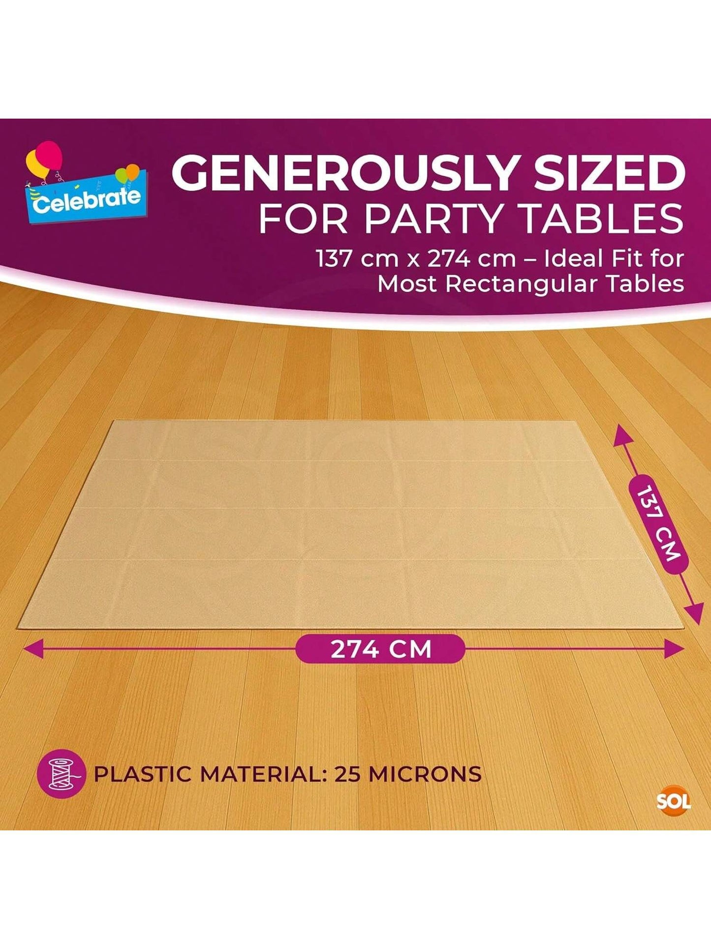 SOL 2pk Long Gold Table Cloth Party 274x137cm Plastic Cover Disposable Tablecloths For Parties - Spill Protection - Great For Weddings, Buffets, Catering, Restaurants, Outdoor Events & Celebrations