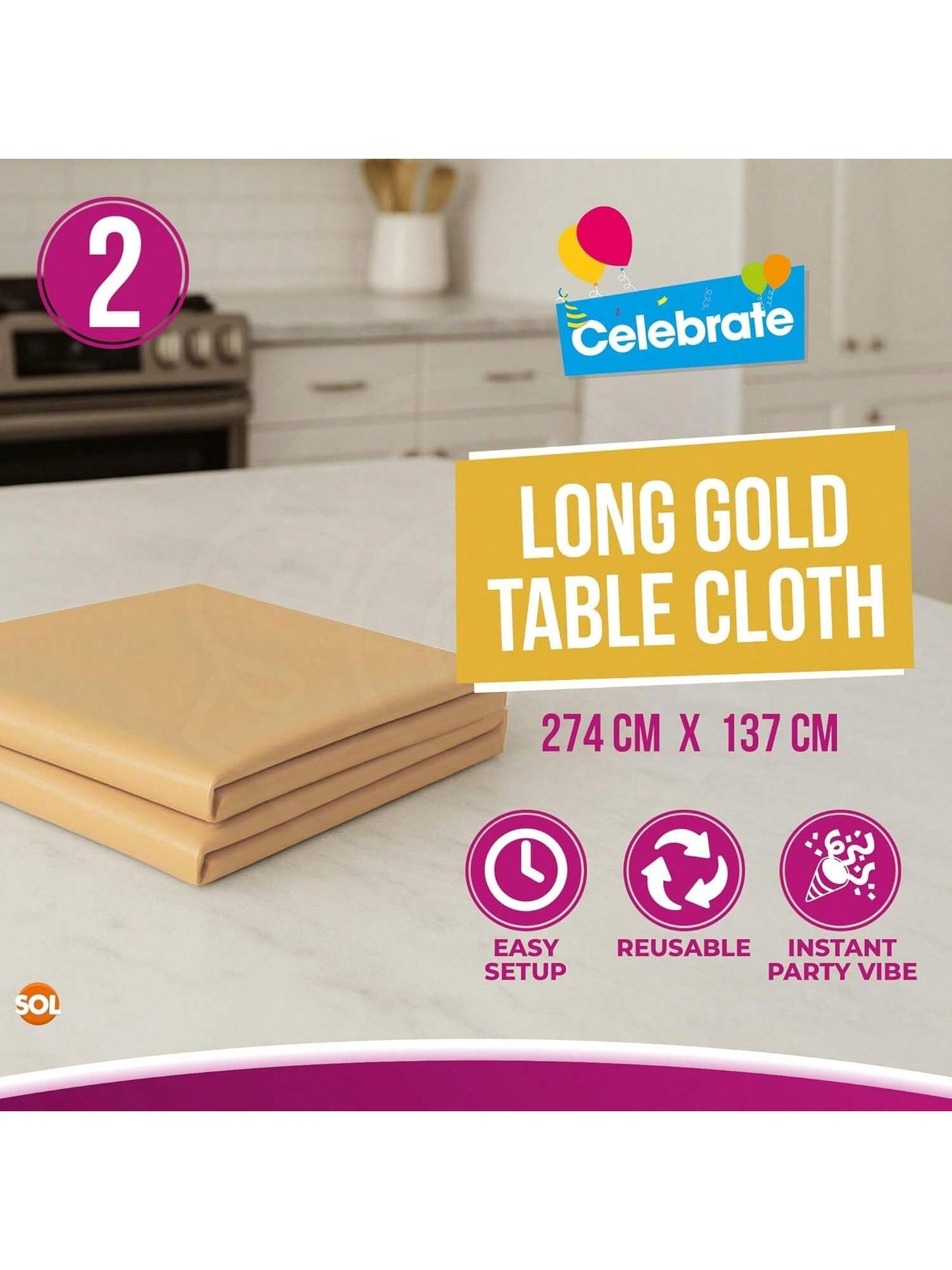SOL 2pk Long Gold Table Cloth Party 274x137cm Plastic Cover Disposable Tablecloths For Parties - Spill Protection - Great For Weddings, Buffets, Catering, Restaurants, Outdoor Events & Celebrations