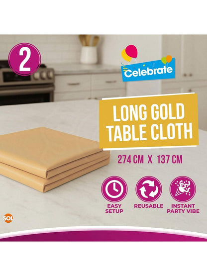 SOL 2pk Long Gold Table Cloth Party 274x137cm Plastic Cover Disposable Tablecloths For Parties - Spill Protection - Great For Weddings, Buffets, Catering, Restaurants, Outdoor Events & Celebrations