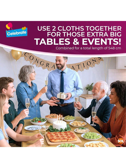 SOL 2pk Long Gold Table Cloth Party 274x137cm Plastic Cover Disposable Tablecloths For Parties - Spill Protection - Great For Weddings, Buffets, Catering, Restaurants, Outdoor Events & Celebrations