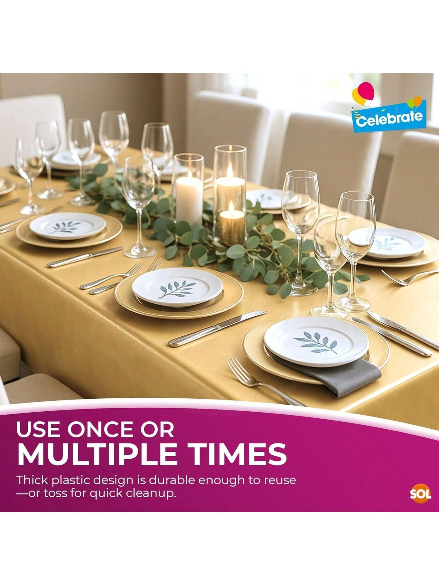SOL 2pk Long Gold Table Cloth Party 274x137cm Plastic Cover Disposable Tablecloths For Parties - Spill Protection - Great For Weddings, Buffets, Catering, Restaurants, Outdoor Events & Celebrations
