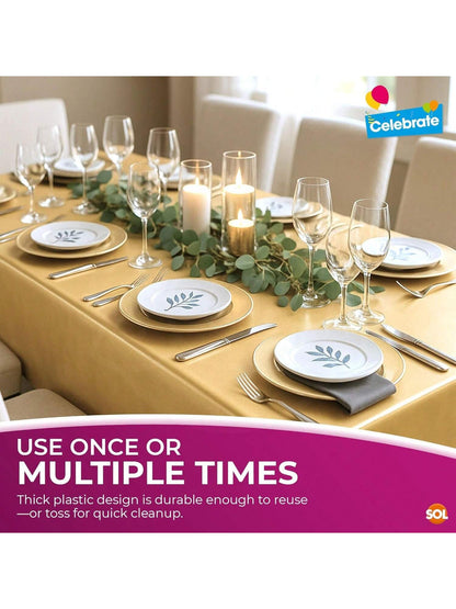 SOL 2pk Long Gold Table Cloth Party 274x137cm Plastic Cover Disposable Tablecloths For Parties - Spill Protection - Great For Weddings, Buffets, Catering, Restaurants, Outdoor Events & Celebrations