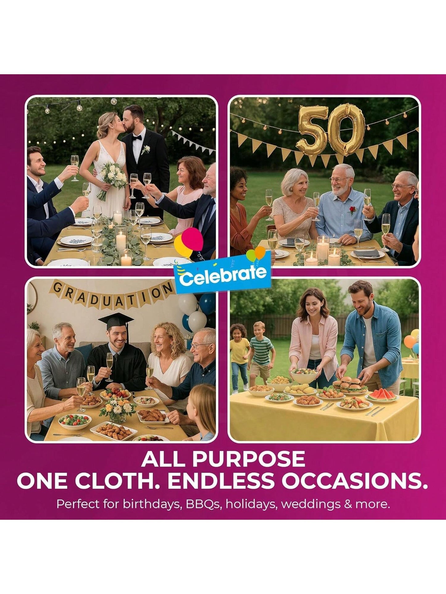 SOL 2pk Long Gold Table Cloth Party 274x137cm Plastic Cover Disposable Tablecloths For Parties - Spill Protection - Great For Weddings, Buffets, Catering, Restaurants, Outdoor Events & Celebrations