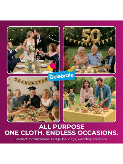 SOL 2pk Long Gold Table Cloth Party 274x137cm Plastic Cover Disposable Tablecloths For Parties - Spill Protection - Great For Weddings, Buffets, Catering, Restaurants, Outdoor Events & Celebrations