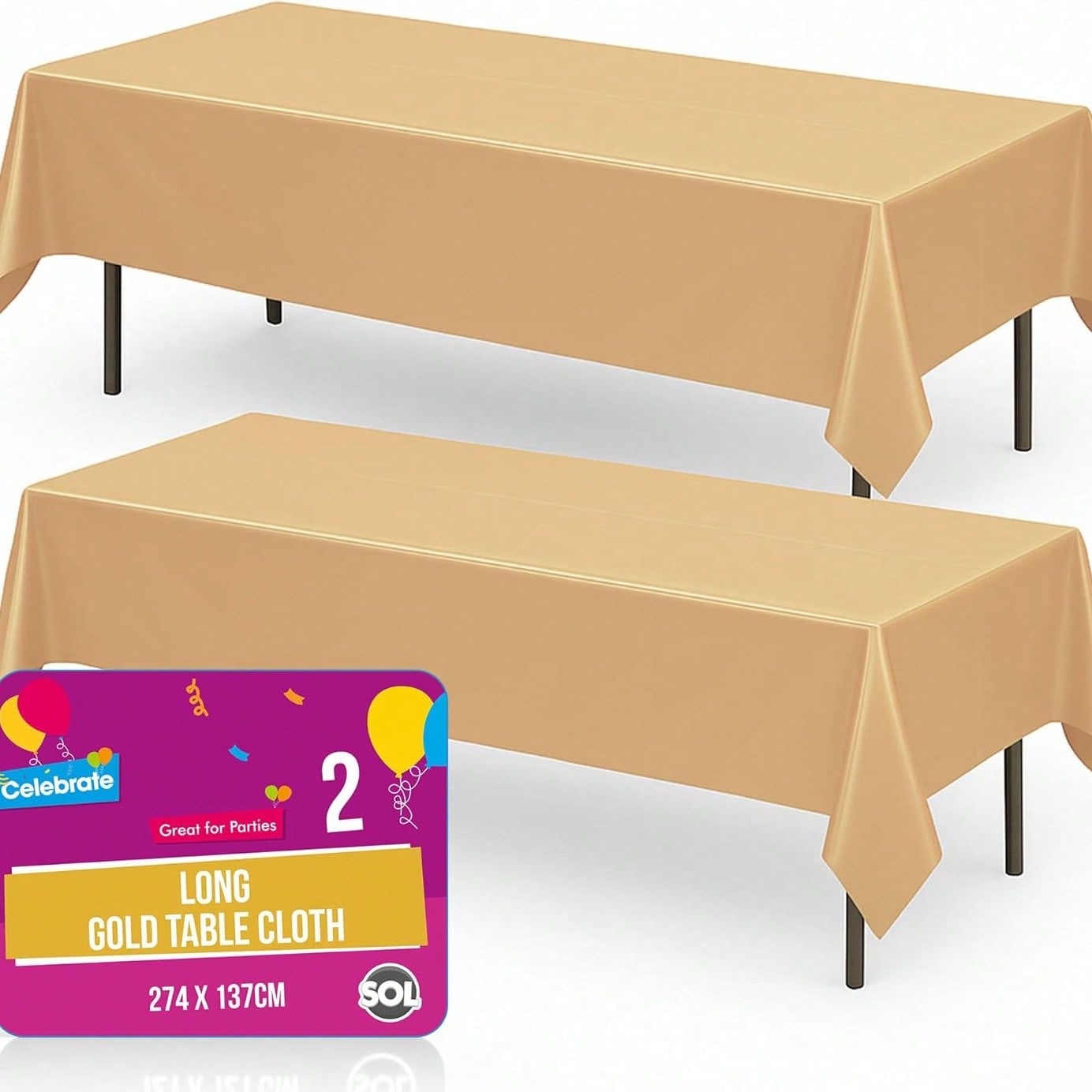 SOL 2pk Long Gold Table Cloth Party 274x137cm Plastic Cover Disposable Tablecloths For Parties - Spill Protection - Great For Weddings, Buffets, Catering, Restaurants, Outdoor Events & Celebrations