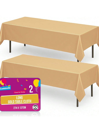 SOL 2pk Long Gold Table Cloth Party 274x137cm Plastic Cover Disposable Tablecloths For Parties - Spill Protection - Great For Weddings, Buffets, Catering, Restaurants, Outdoor Events & Celebrations