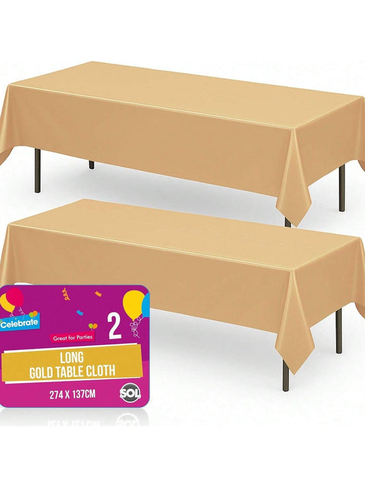 SOL 2pk Long Gold Table Cloth Party 274x137cm Plastic Cover Disposable Tablecloths For Parties - Spill Protection - Great For Weddings, Buffets, Catering, Restaurants, Outdoor Events & Celebrations